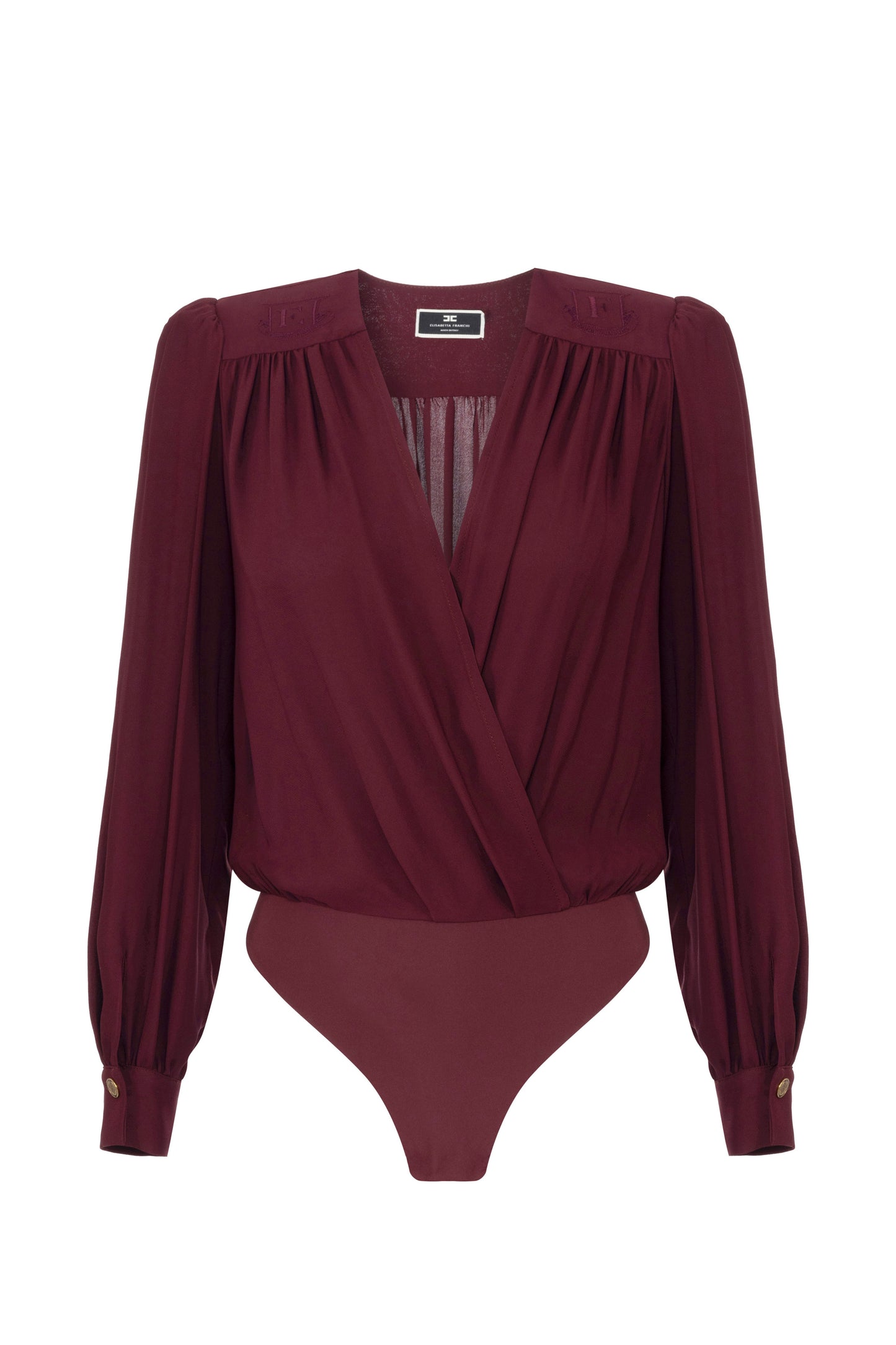 Bodysuit-style blouse in georgette fabric with embroidery on the shoulders