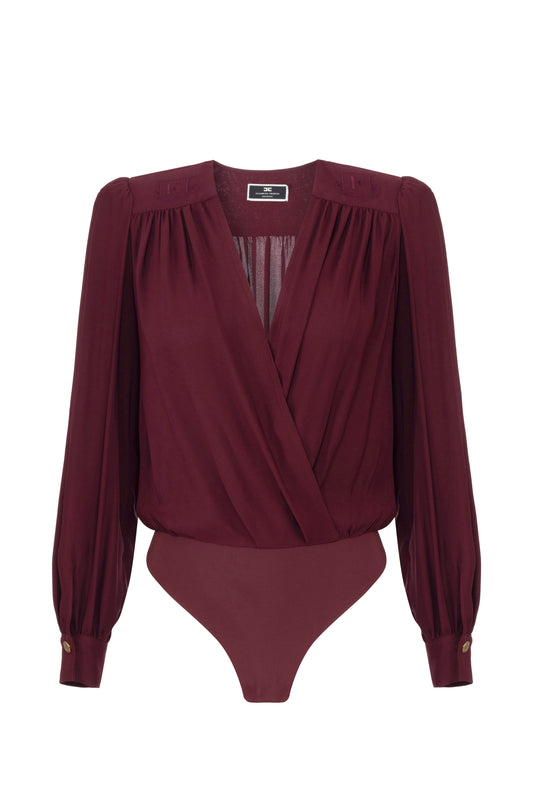 Bodysuit-style blouse in georgette fabric with embroidery on the shoulders