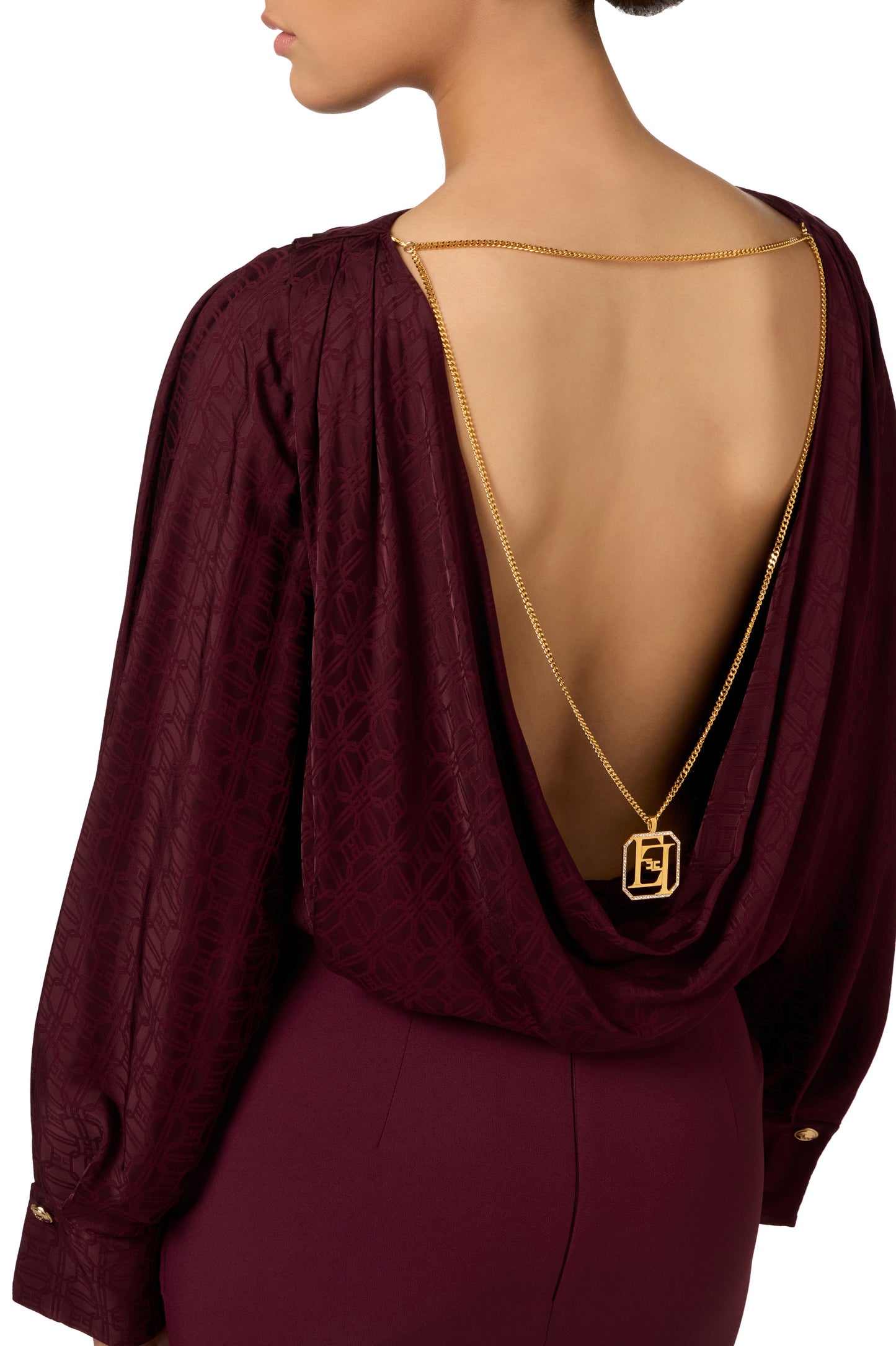 Bodysuit-style blouse in jacquard satin fabric with necklace