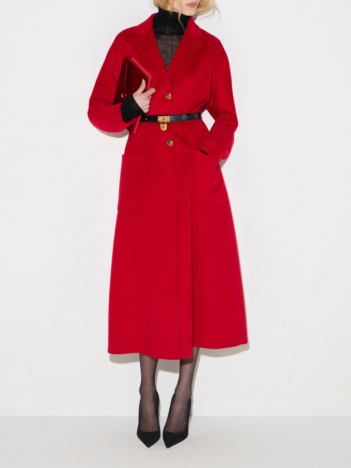 Coat in double cloth with belt