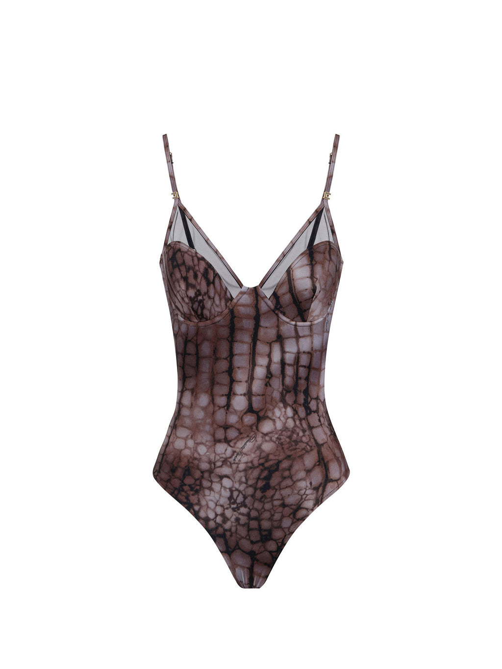 One-piece swimsuit with alligator print