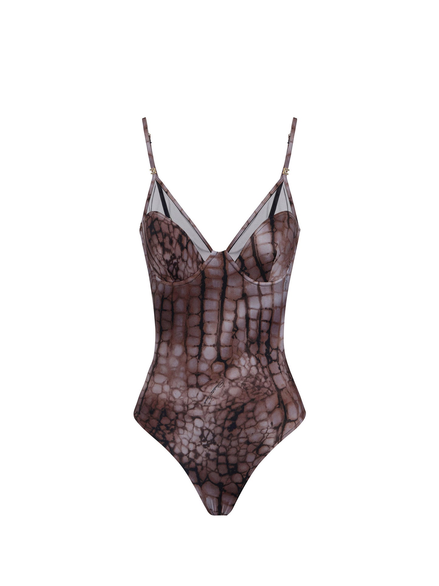 One-piece swimsuit with alligator print