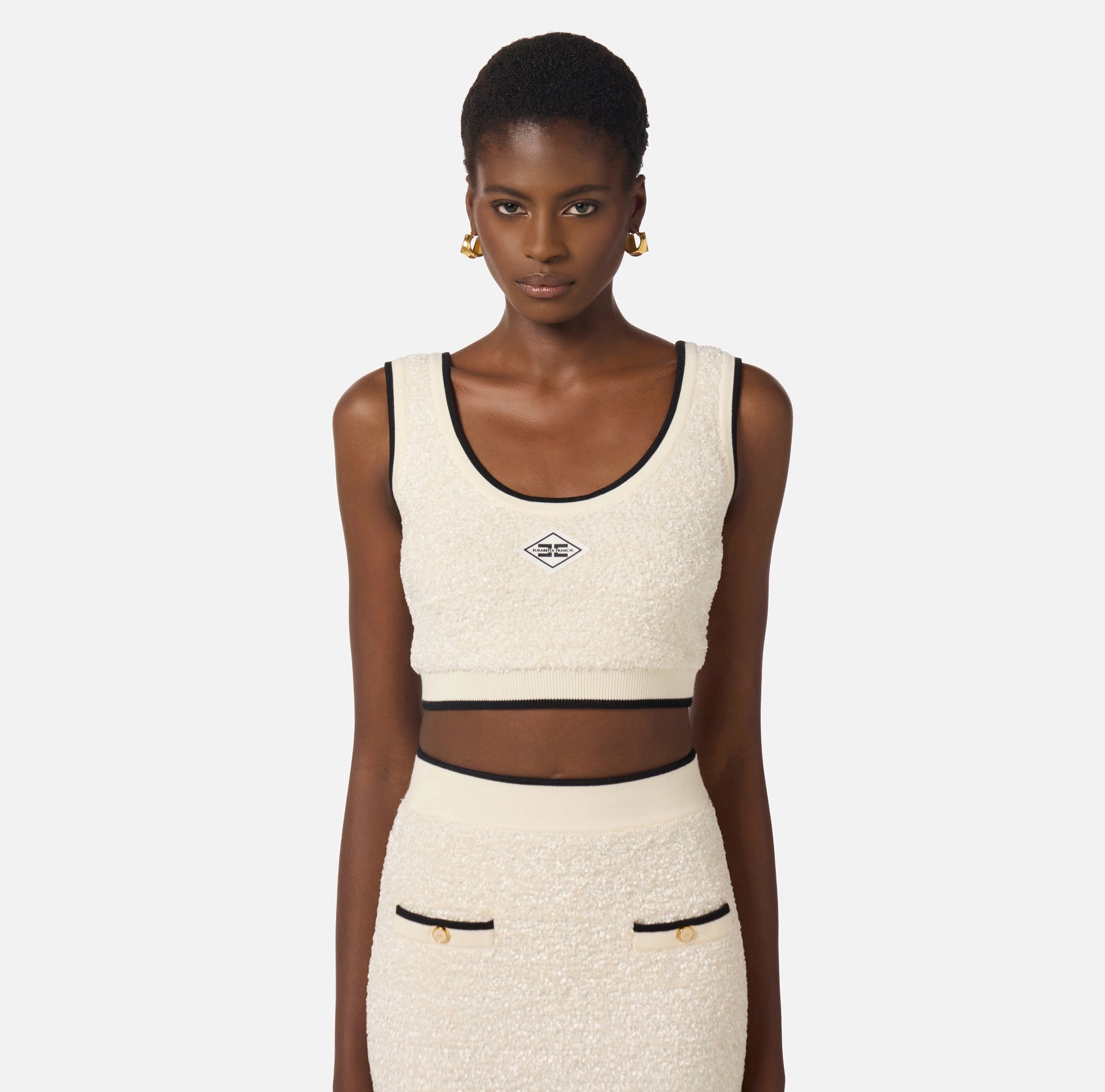 Top in bouclé chenille fabric with contrasting details