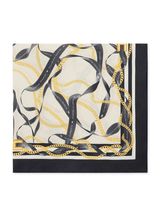 Silk twill foulard scarf with ribbon and chain print