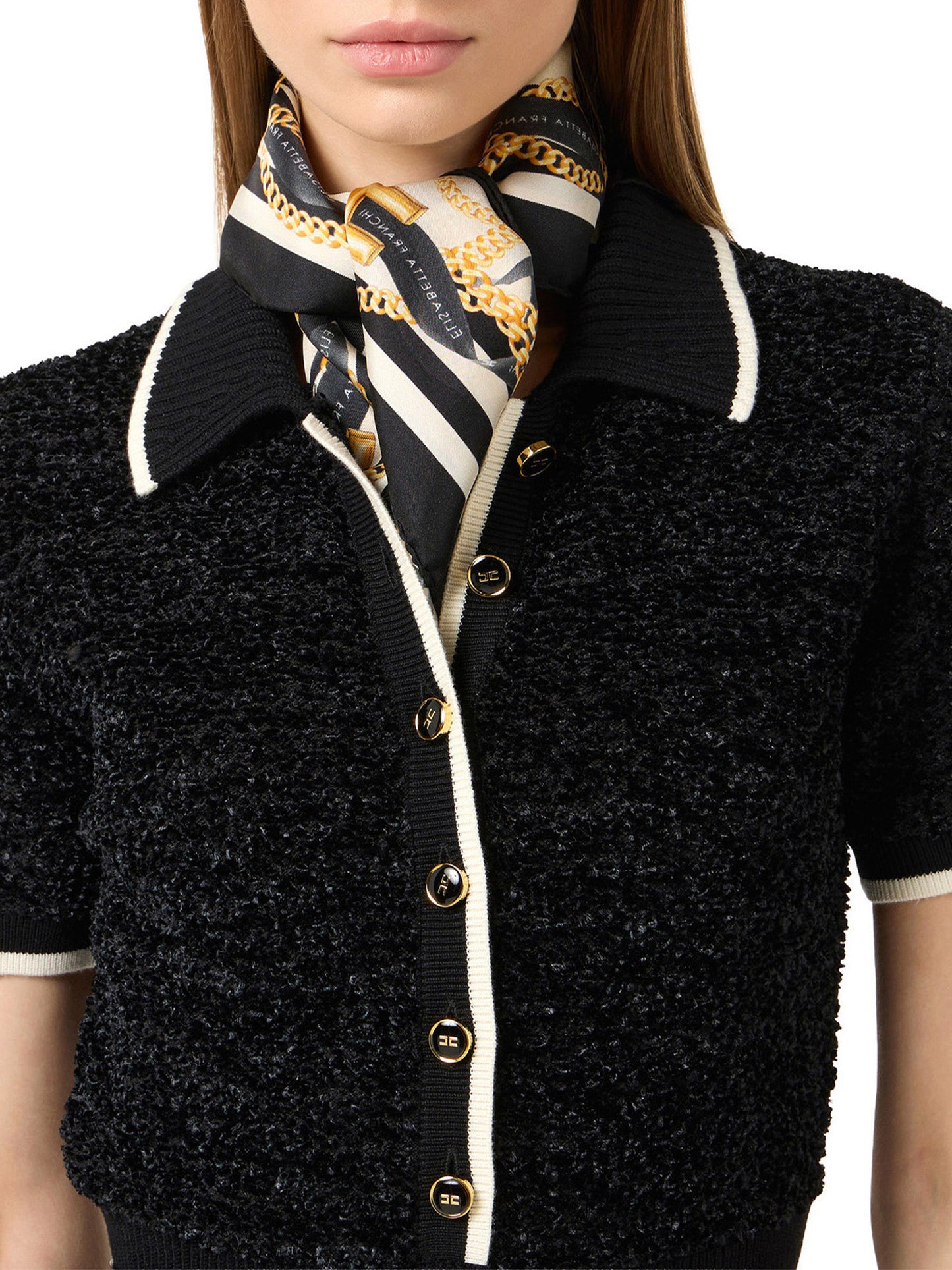 Silk twill foulard scarf with ribbon and chain print