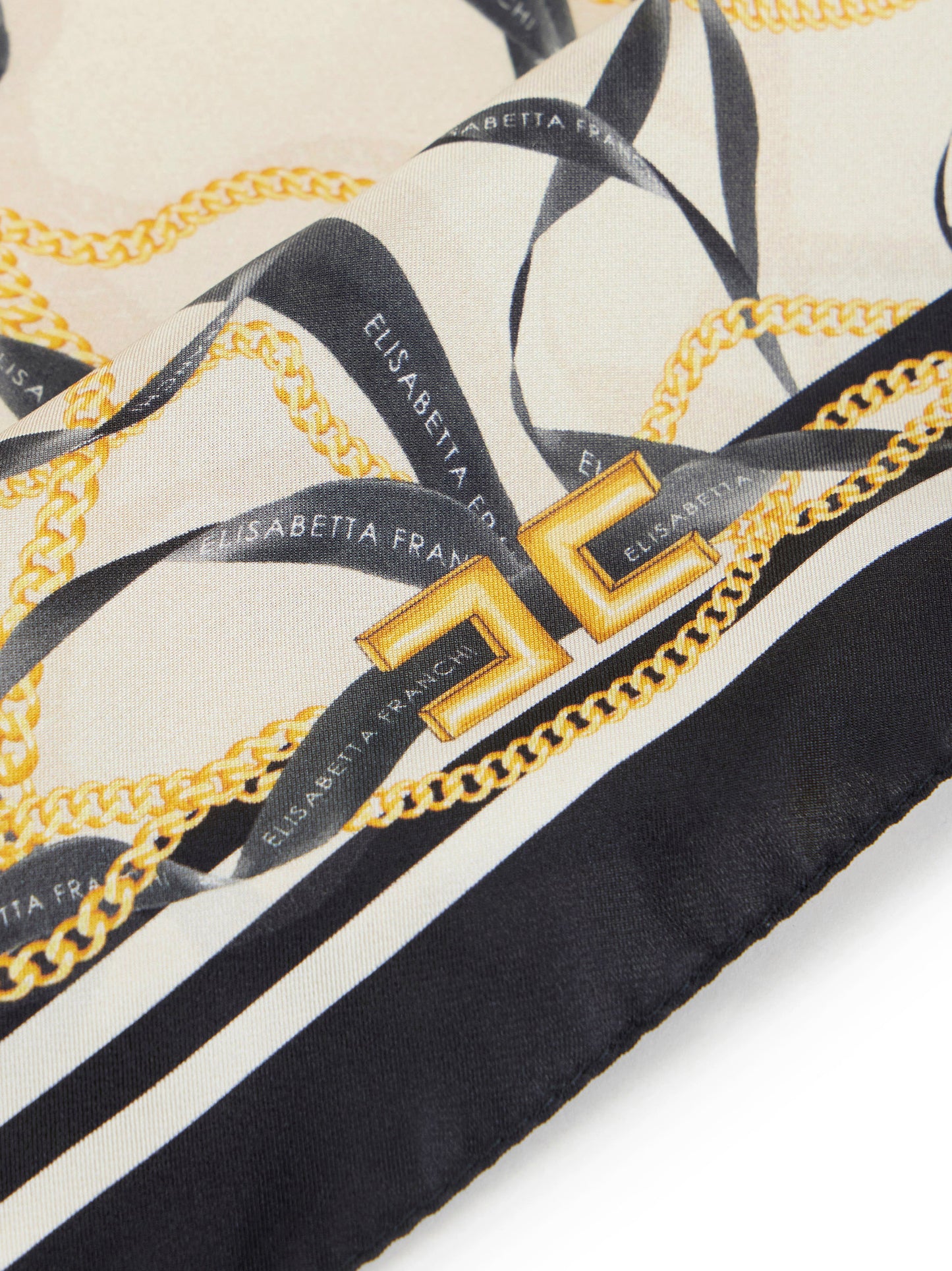 Silk twill foulard scarf with ribbon and chain print