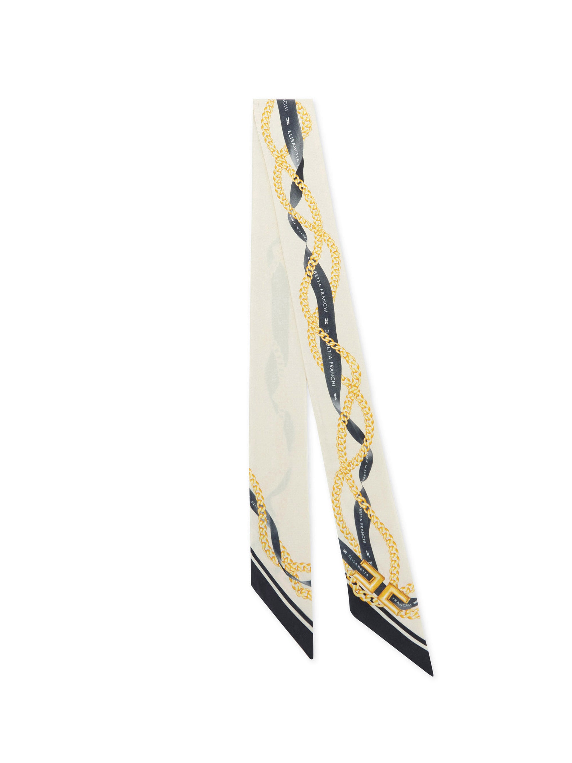 Silk twill bandeaux with ribbon and chain print