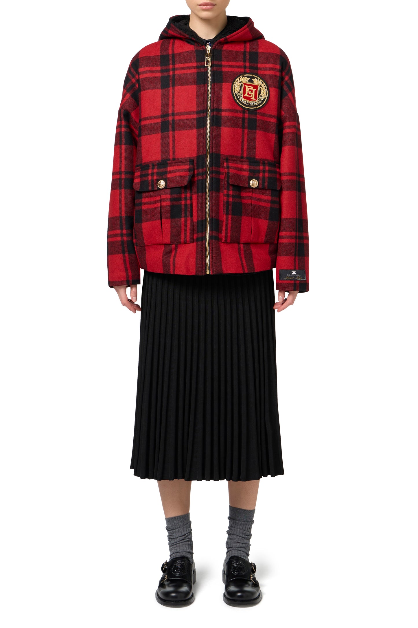 Wool tartan padded jacket with hood and embroidered patch