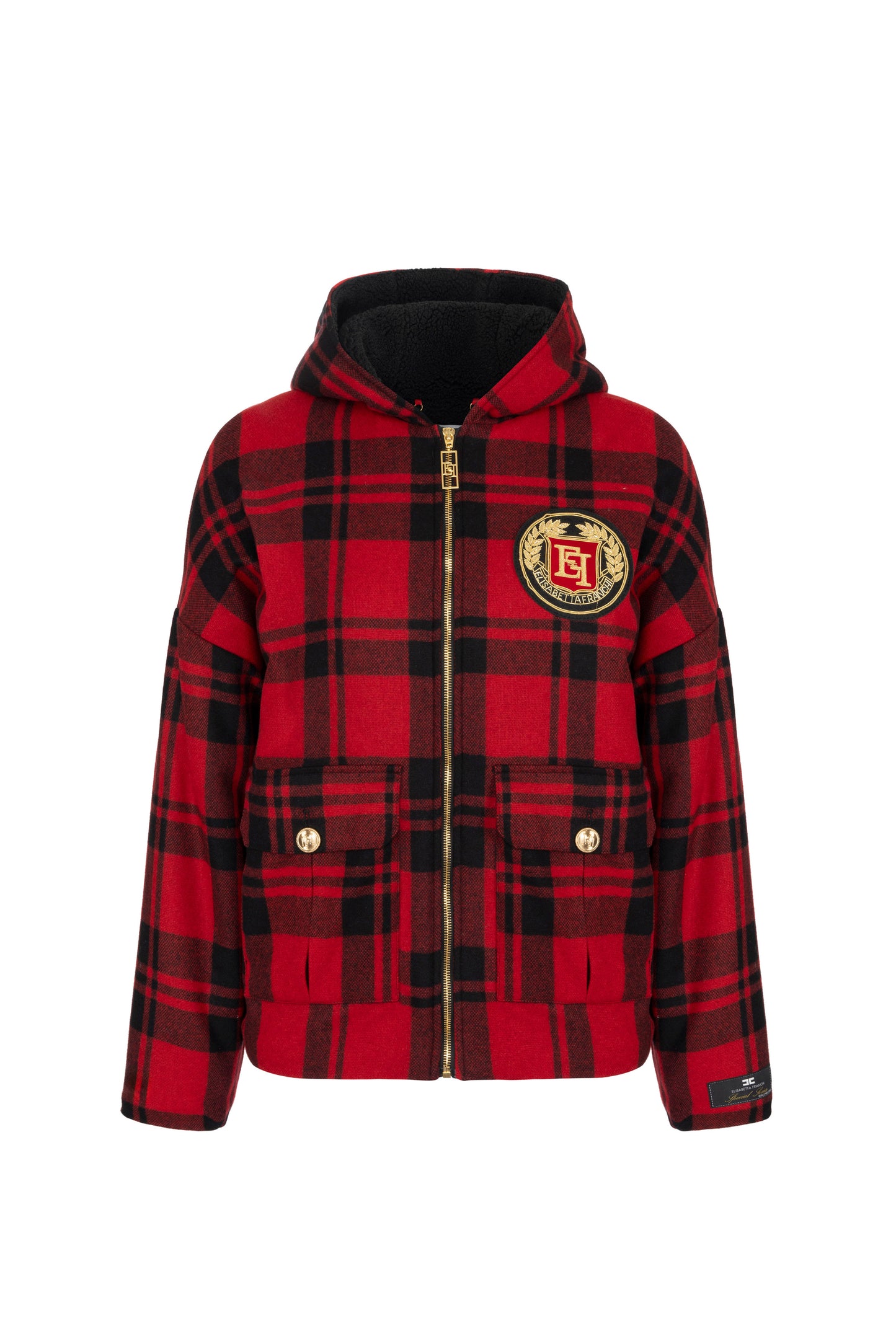 Wool tartan padded jacket with hood and embroidered patch