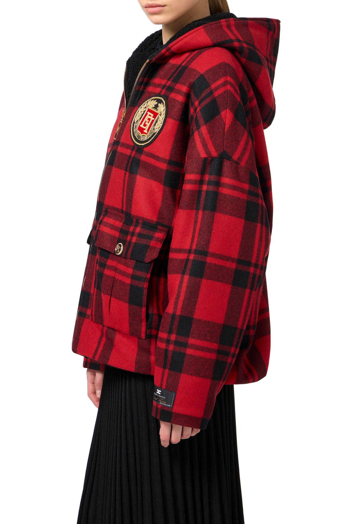 Wool tartan padded jacket with hood and embroidered patch