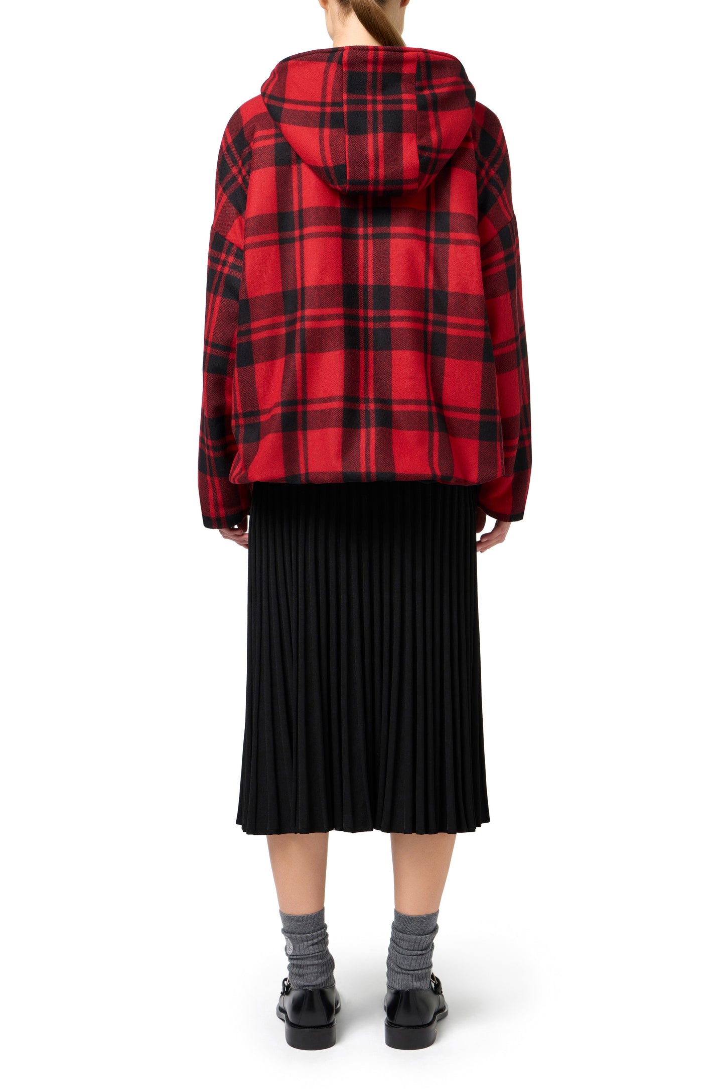 Wool tartan padded jacket with hood and embroidered patch