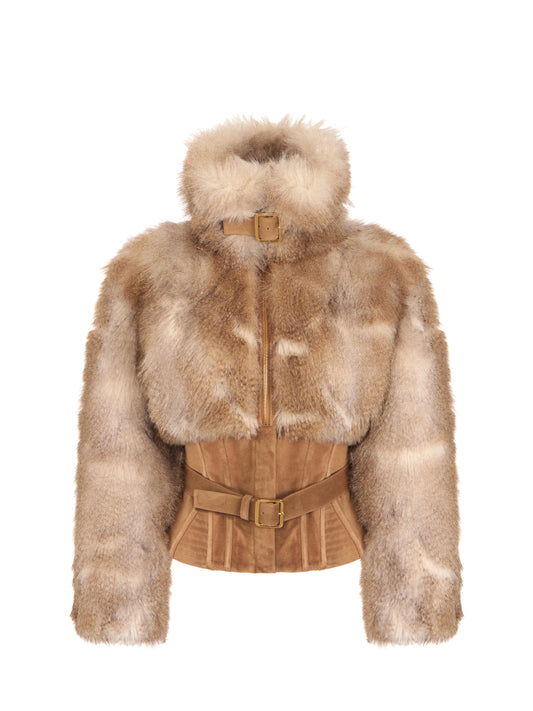 Fur-effect bustier jacket in Nero – luxury fashion at Meranesy