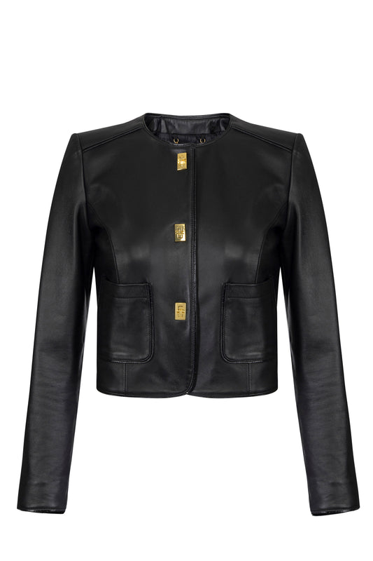 Leather jacket with vinyl details