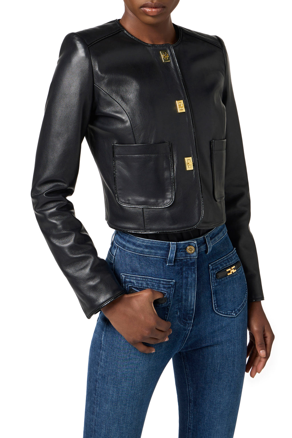Leather jacket with vinyl details