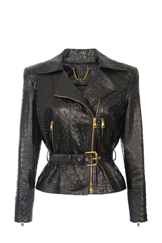 Crocodile print leather biker jacket