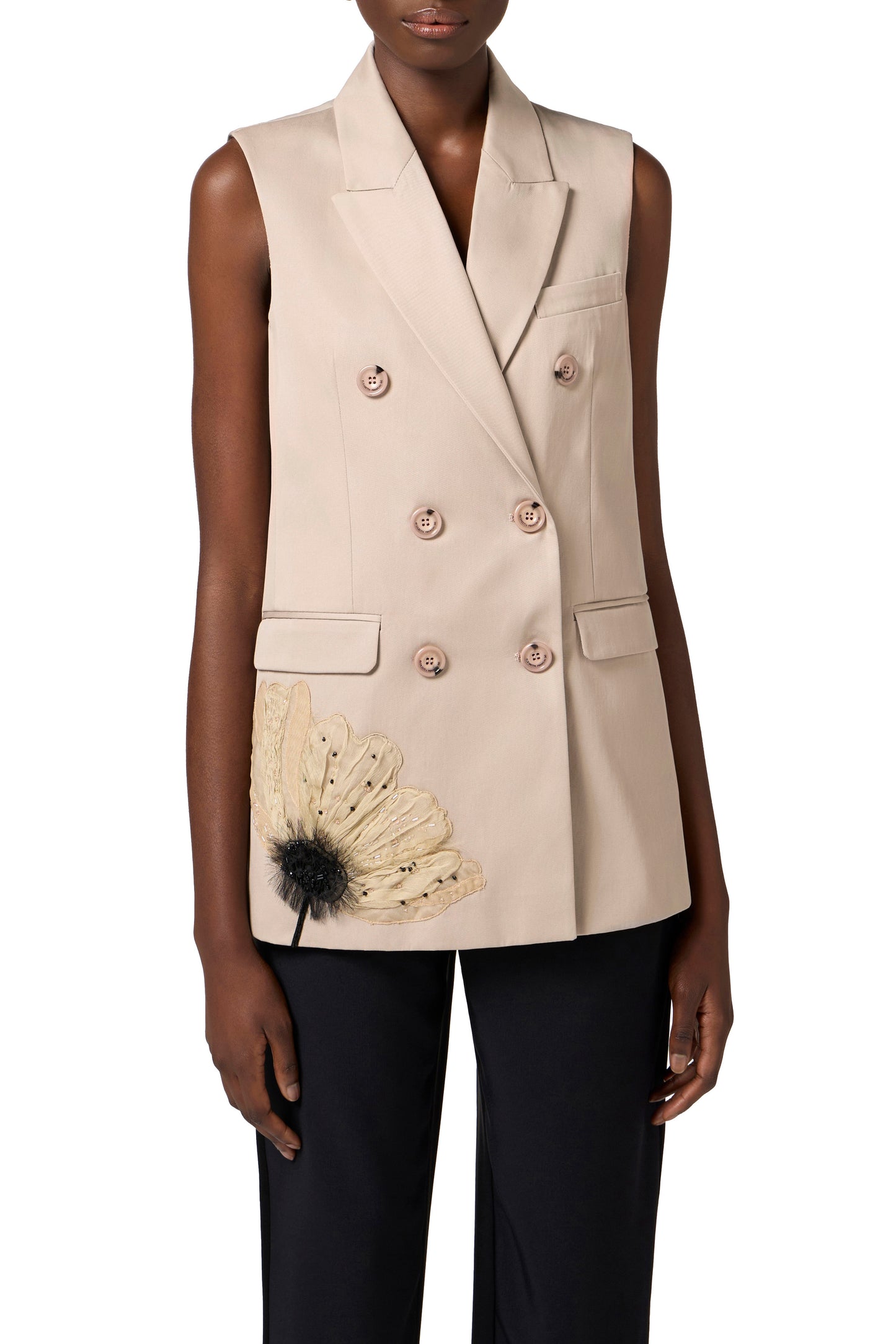 Cotton gabardine waistcoat with embroidered flower