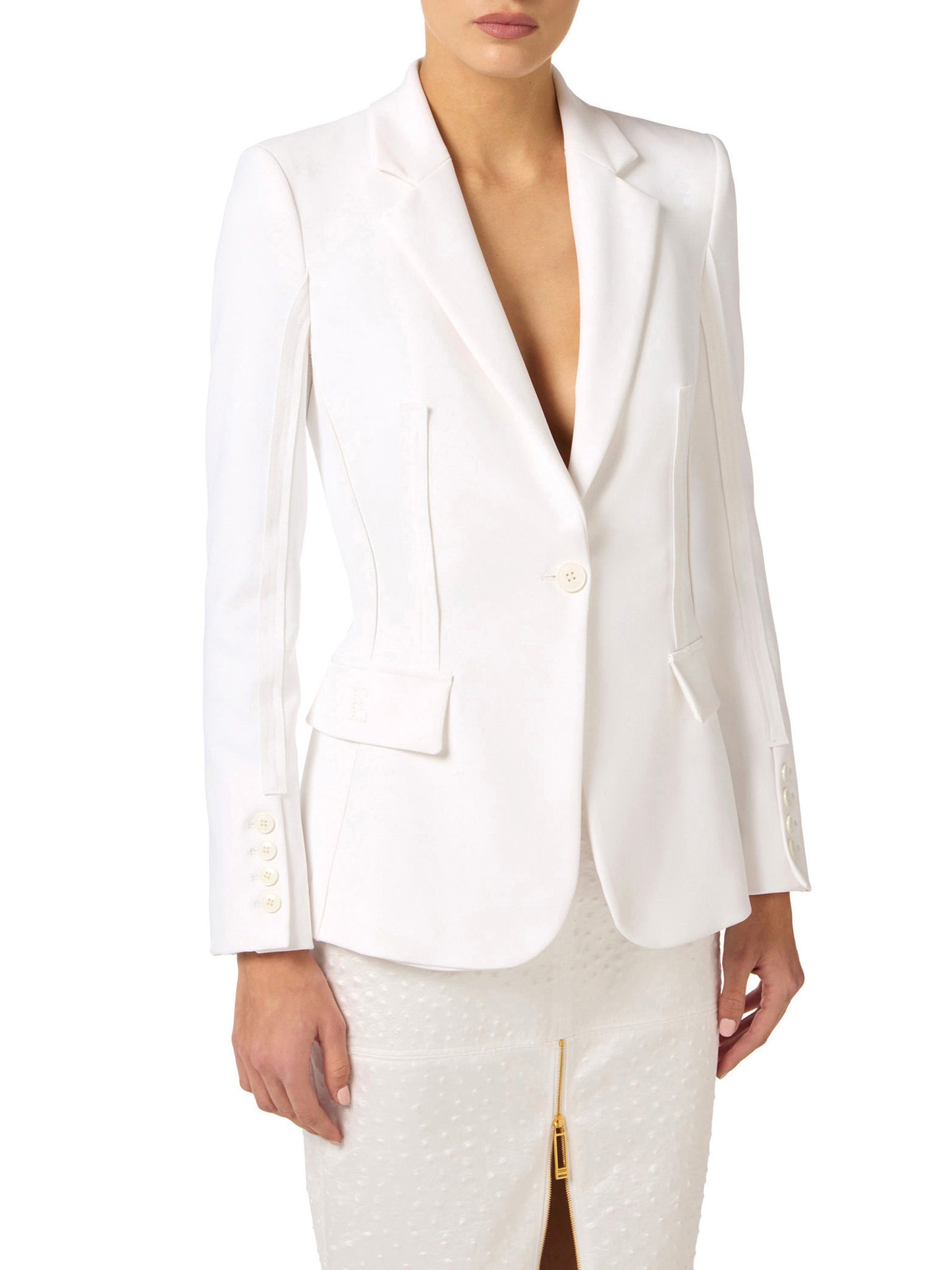 Jacket in double layer stretch crêpe fabric with raw-edge trims