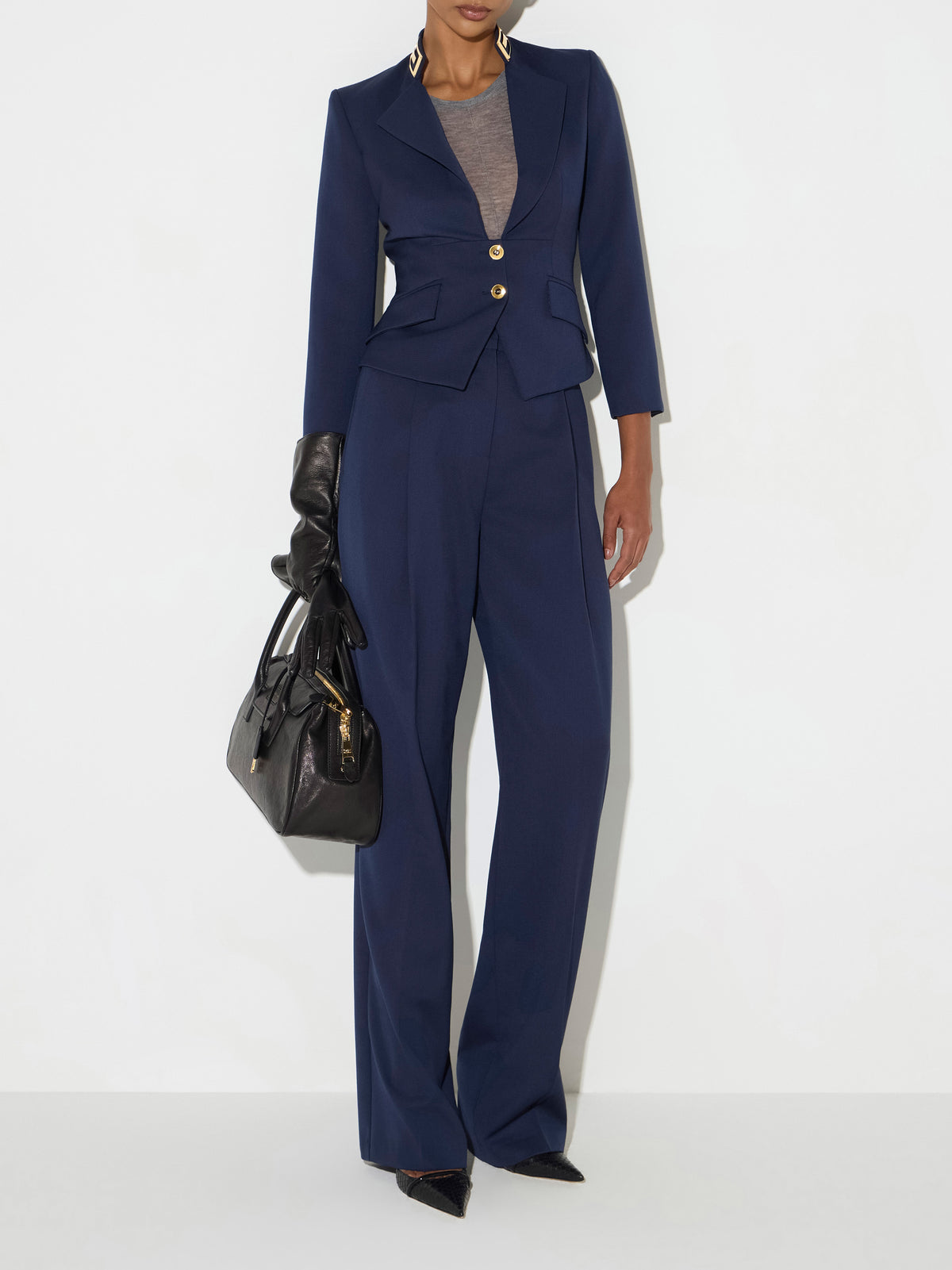 Jacket in gabardine fabric with jewel collar