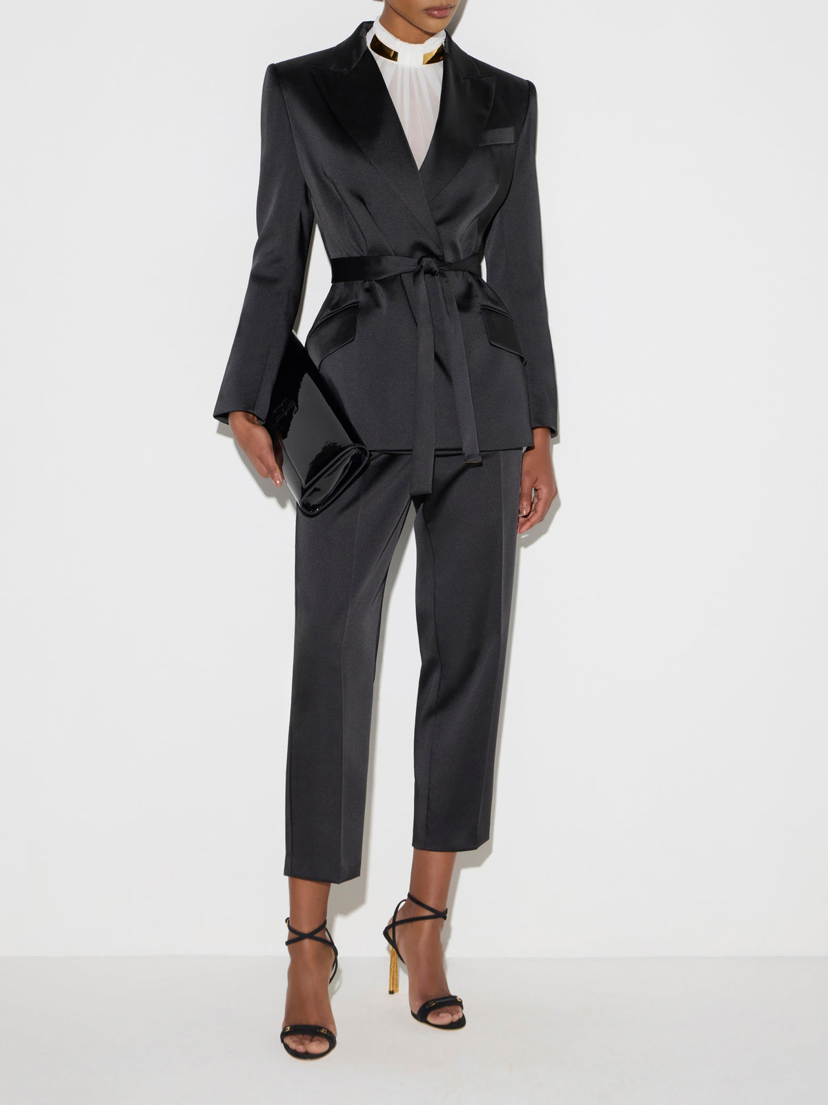 Stretch satin jacket with belt