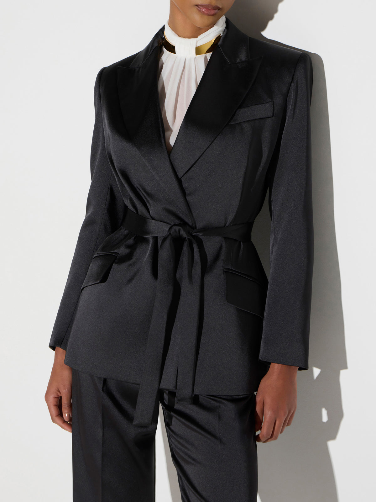 Stretch satin jacket with belt