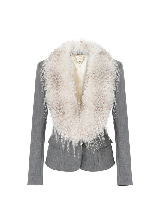 Wool jacket with fur-effect collar in Grigo Melange – luxury fashion at Meranesy