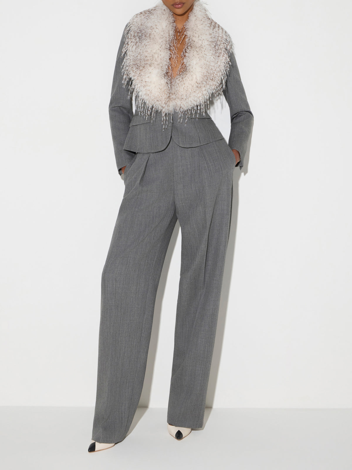 Wool jacket with fur-effect collar