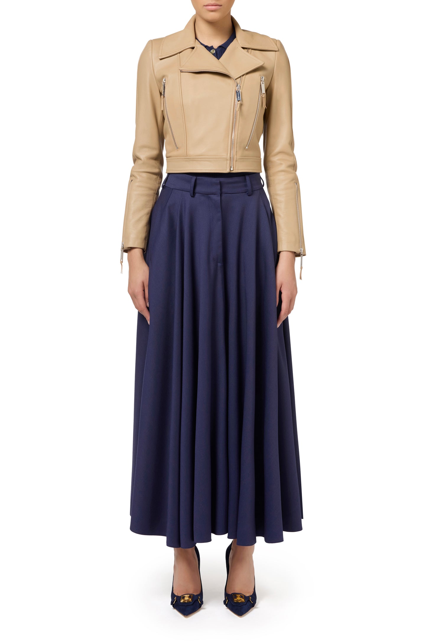 Cool wool midi skirt with emblem embroidery