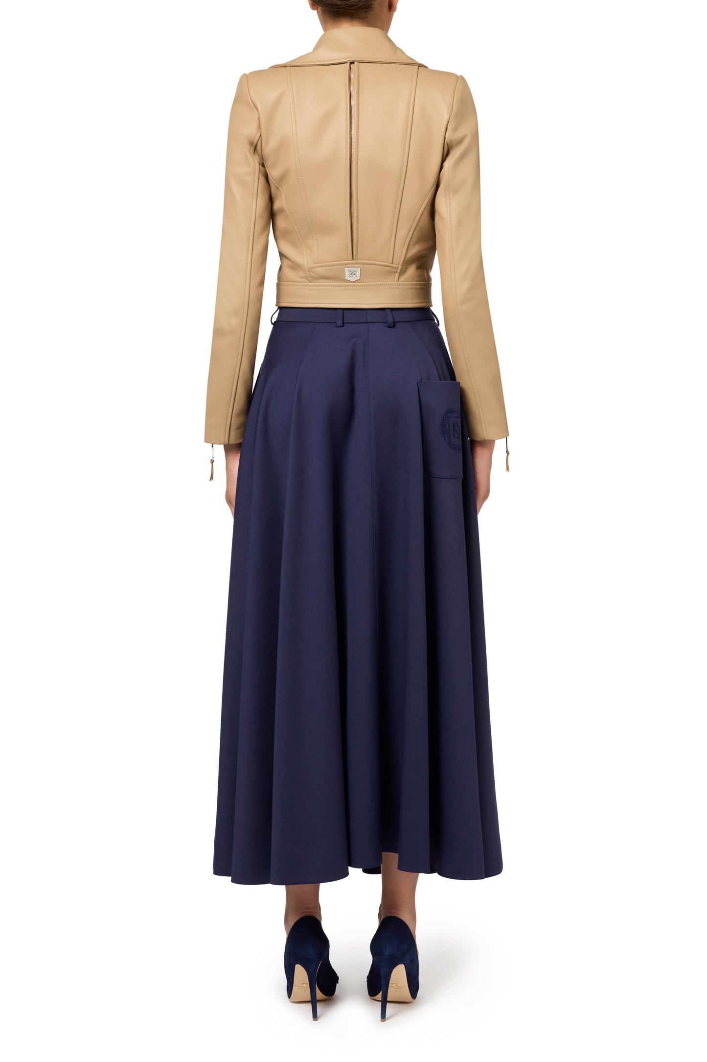 Cool wool midi skirt with emblem embroidery