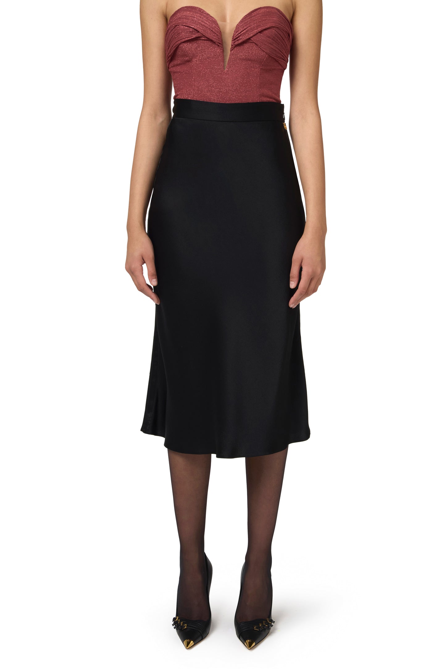 Midi skirt in enver satin fabric with satin bands