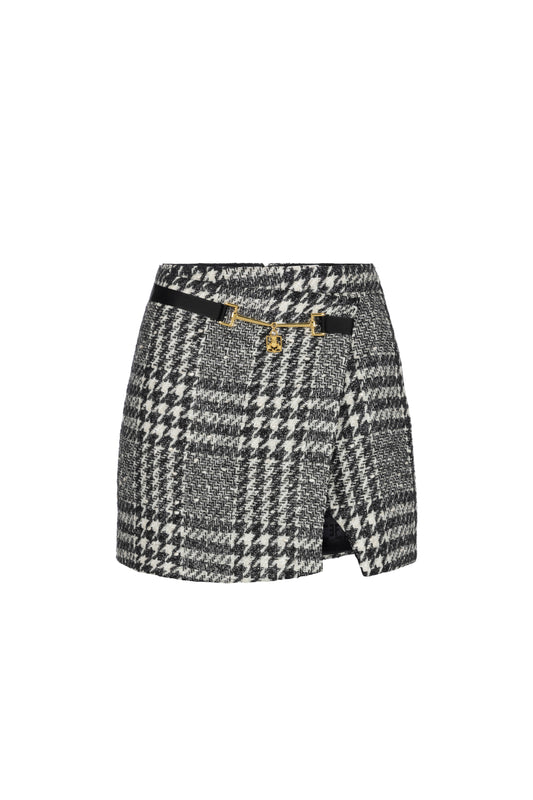 Laminated tweed wraparound miniskirt