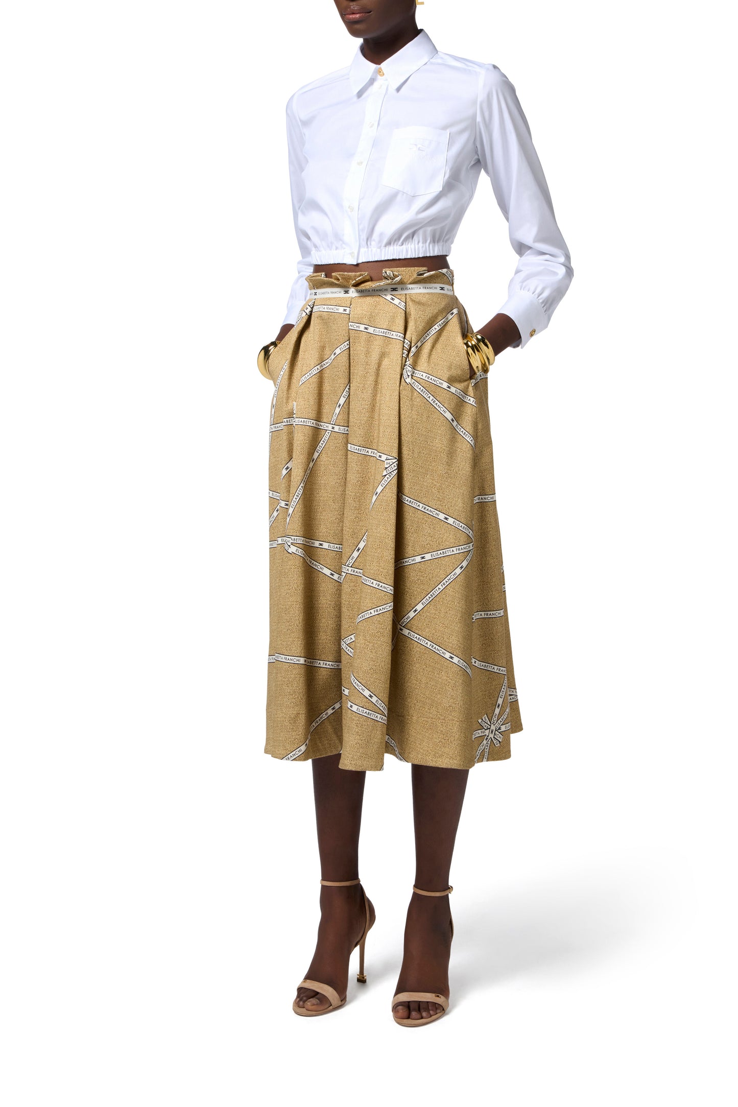 Cotton skirt with raffia print and ribbon