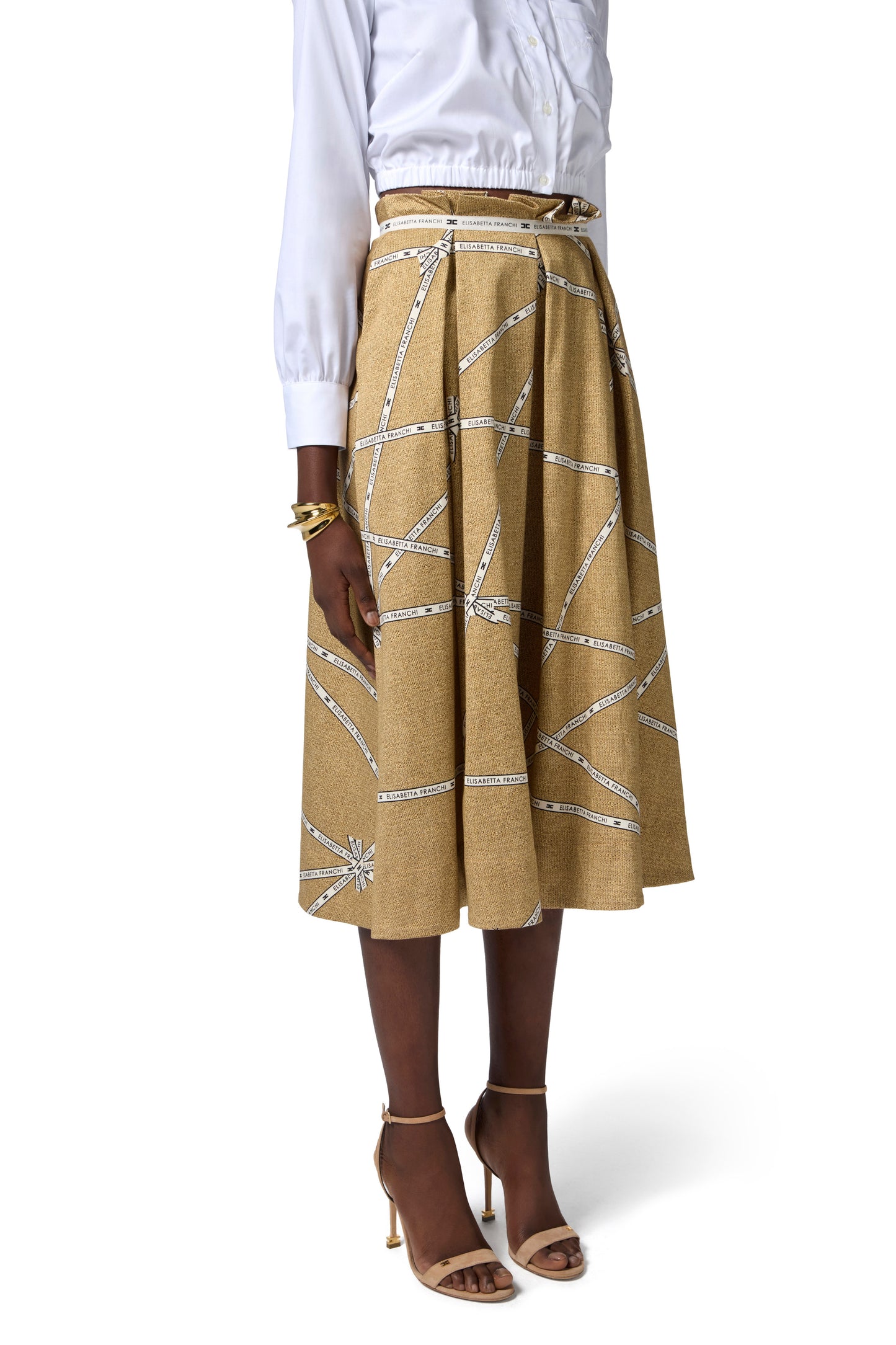 Cotton skirt with raffia print and ribbon