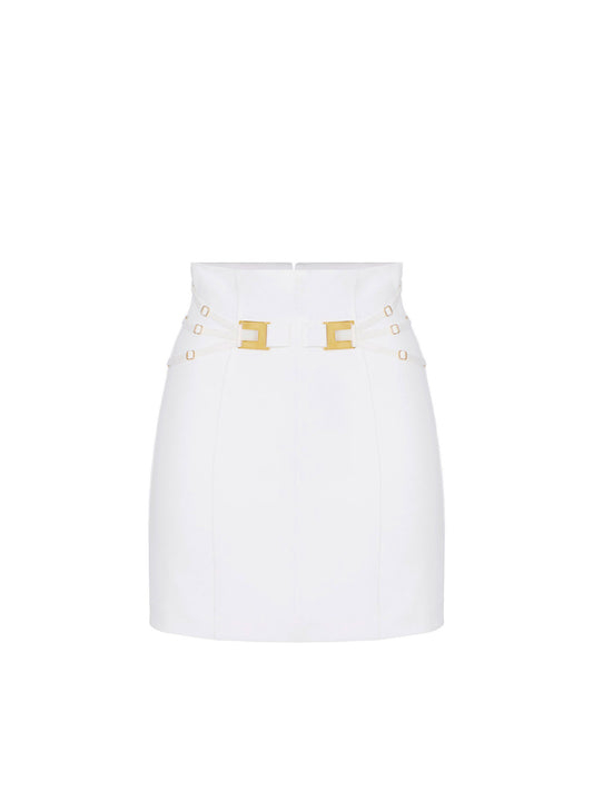 Miniskirt in double layer stretch crêpe fabric with elastic straps