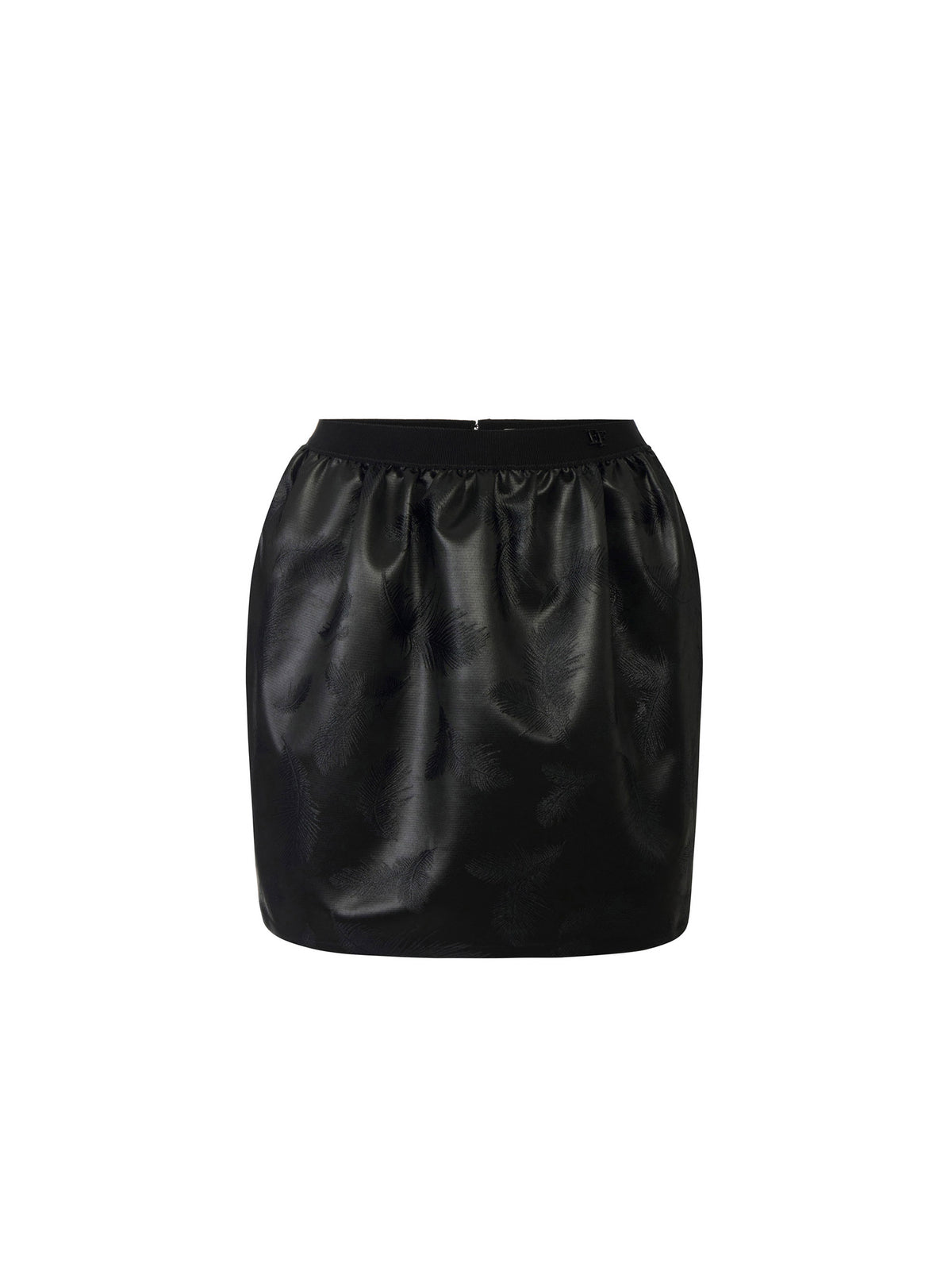 Jacquard satin miniskirt with feathers