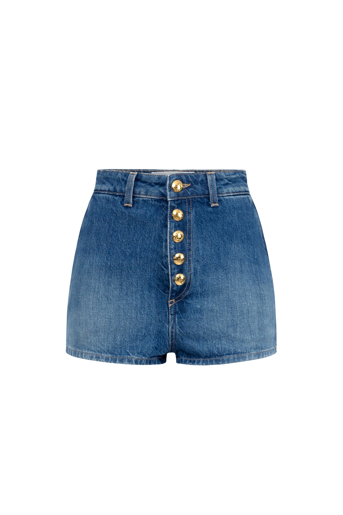 Denim shorts with visible buttons