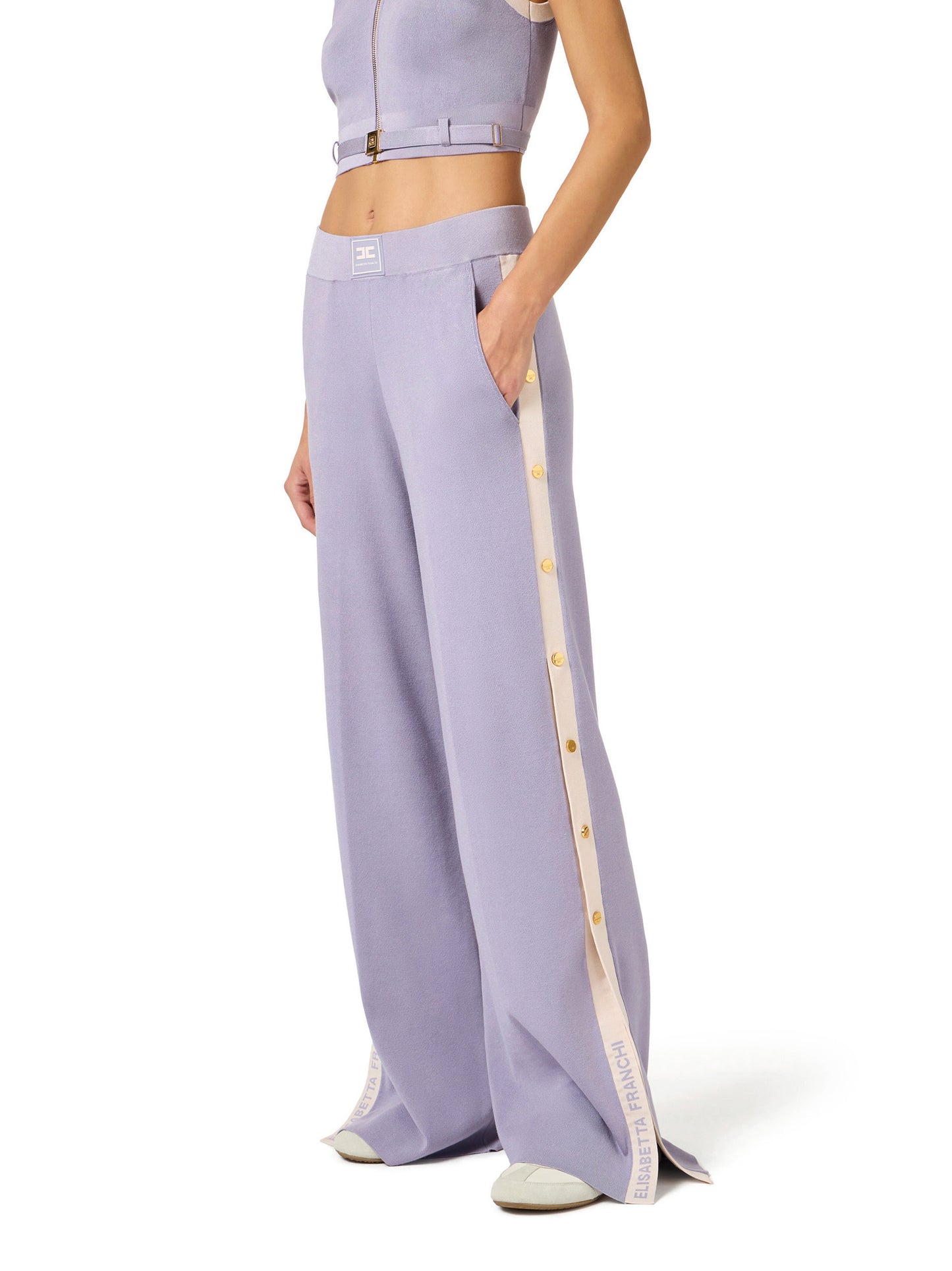 Knit fabric trousers with shiny viscose bands