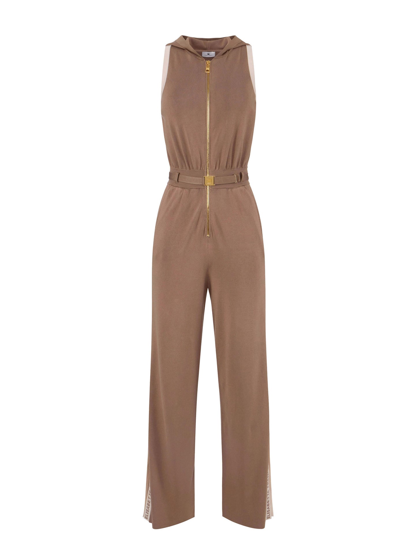Knit fabric jumpsuit with shiny viscose bands