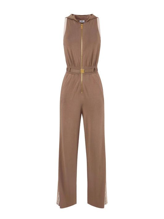 Knit fabric jumpsuit with shiny viscose bands