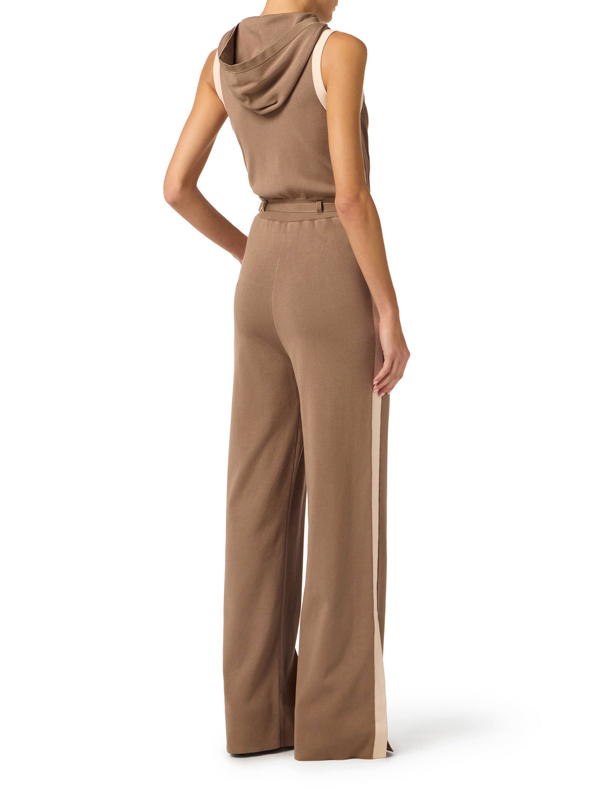 Knit fabric jumpsuit with shiny viscose bands