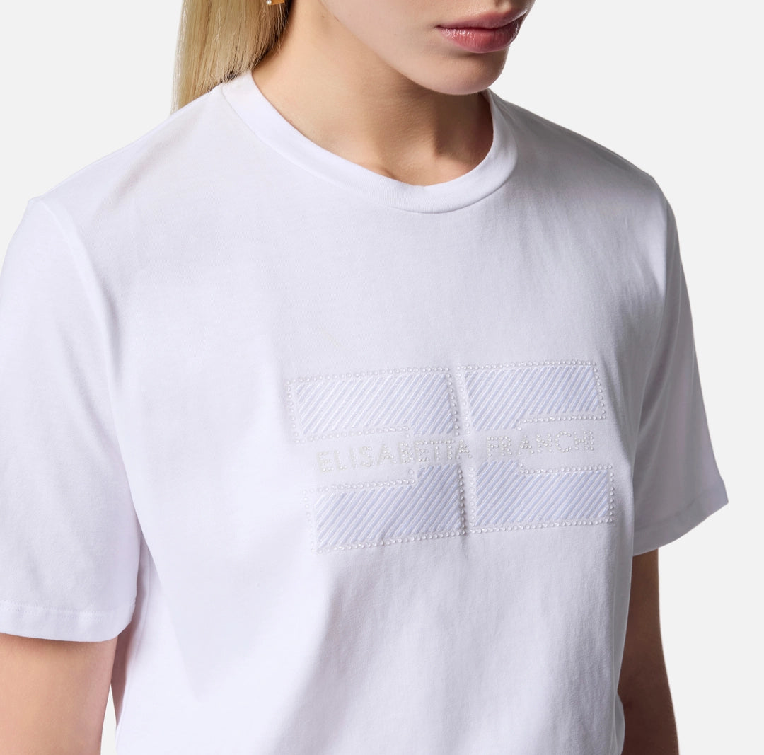 Jersey T-shirt with embroidered logo and rhinestones