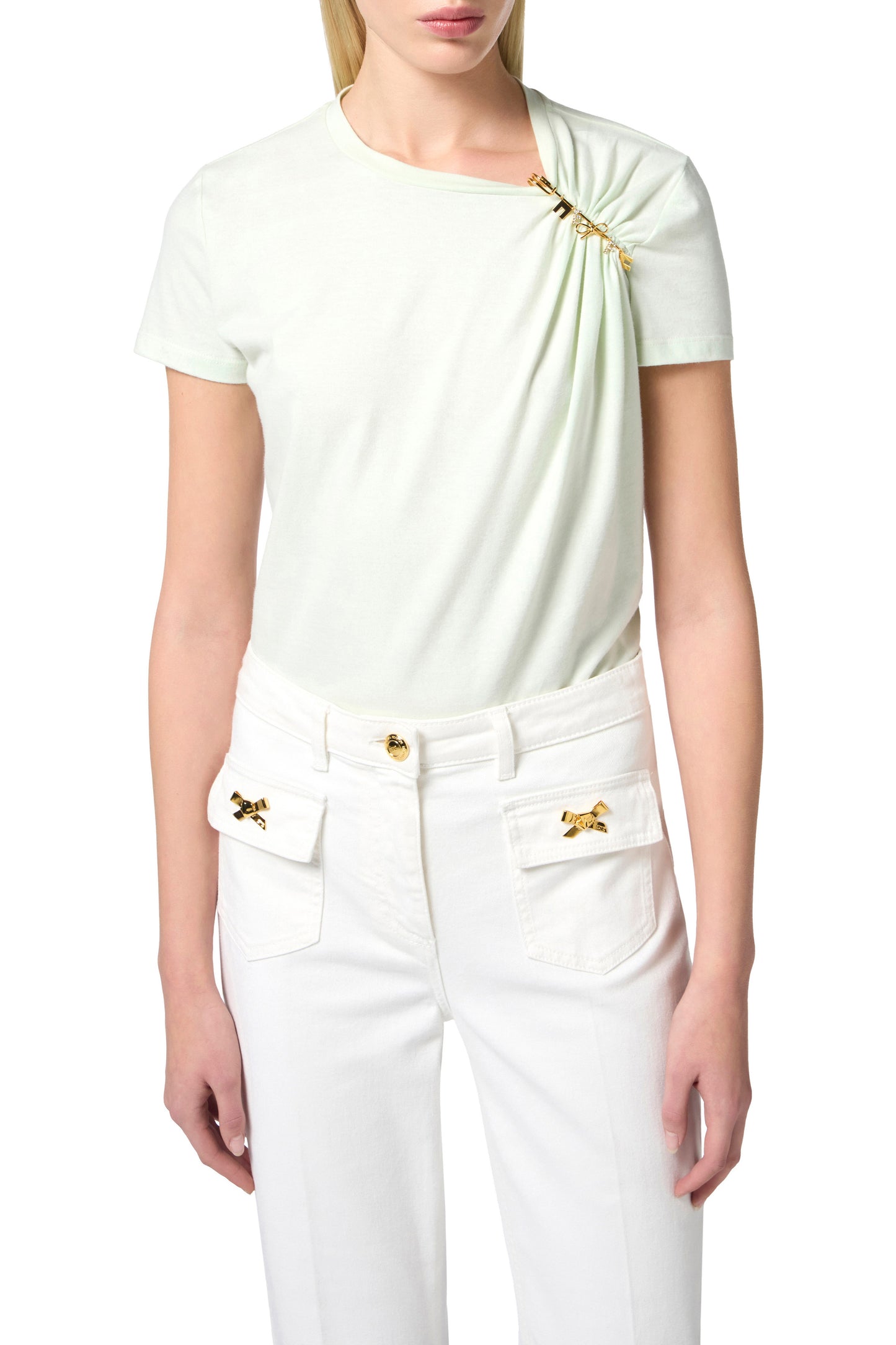 Jersey T-shirt with jewelled brooch