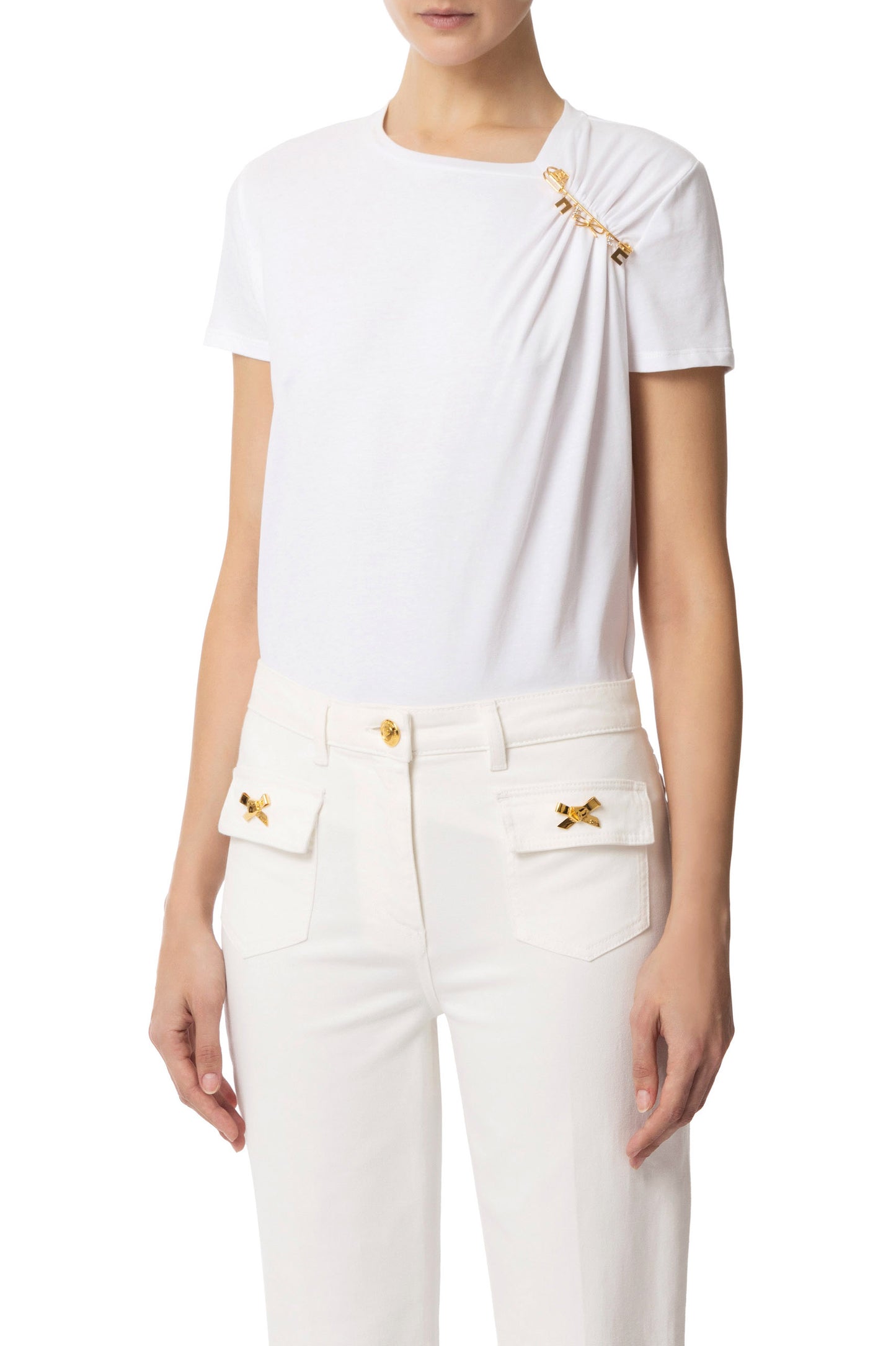 Jersey T-shirt with jewelled brooch