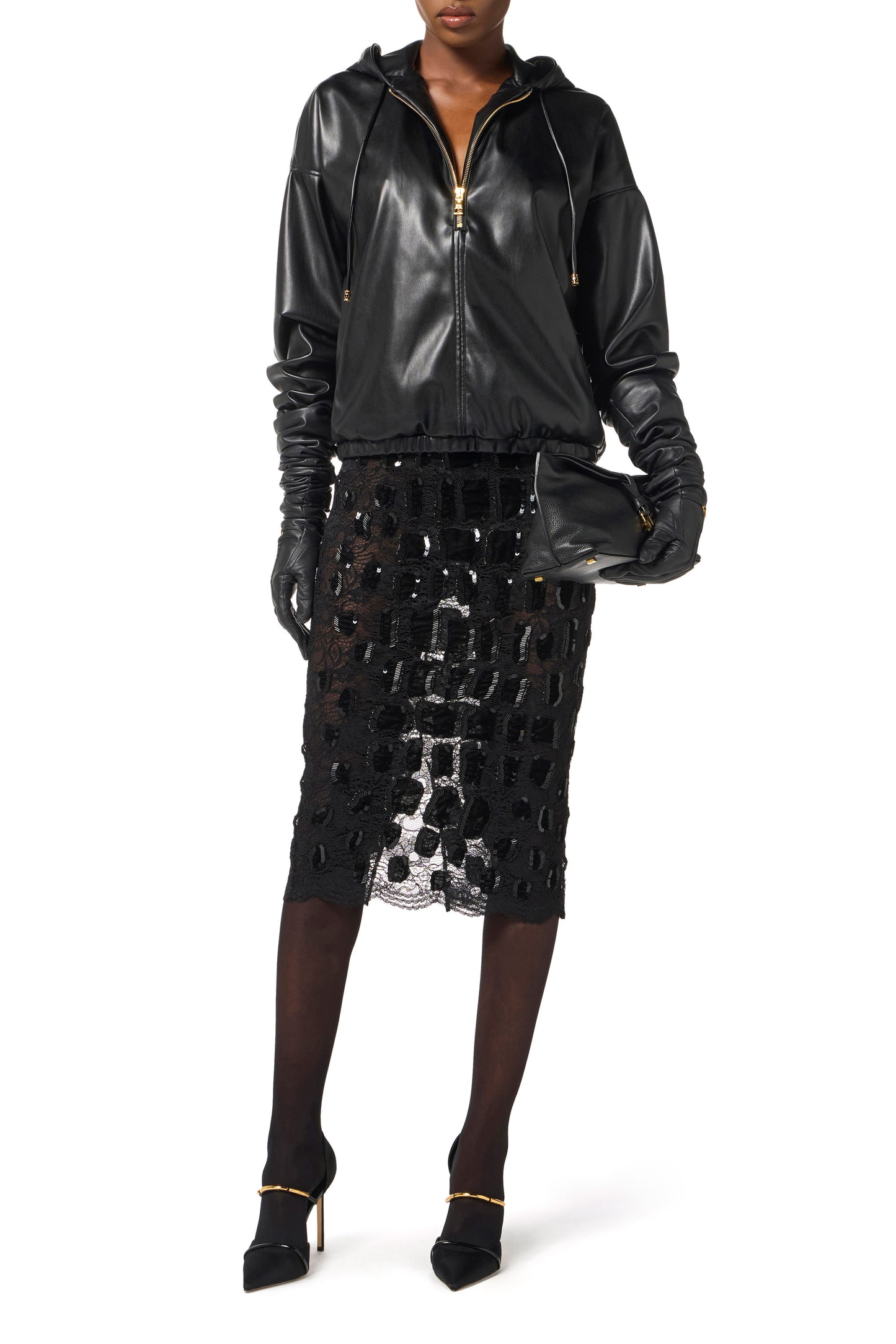 Sweatshirt with nappa leather texture and hood