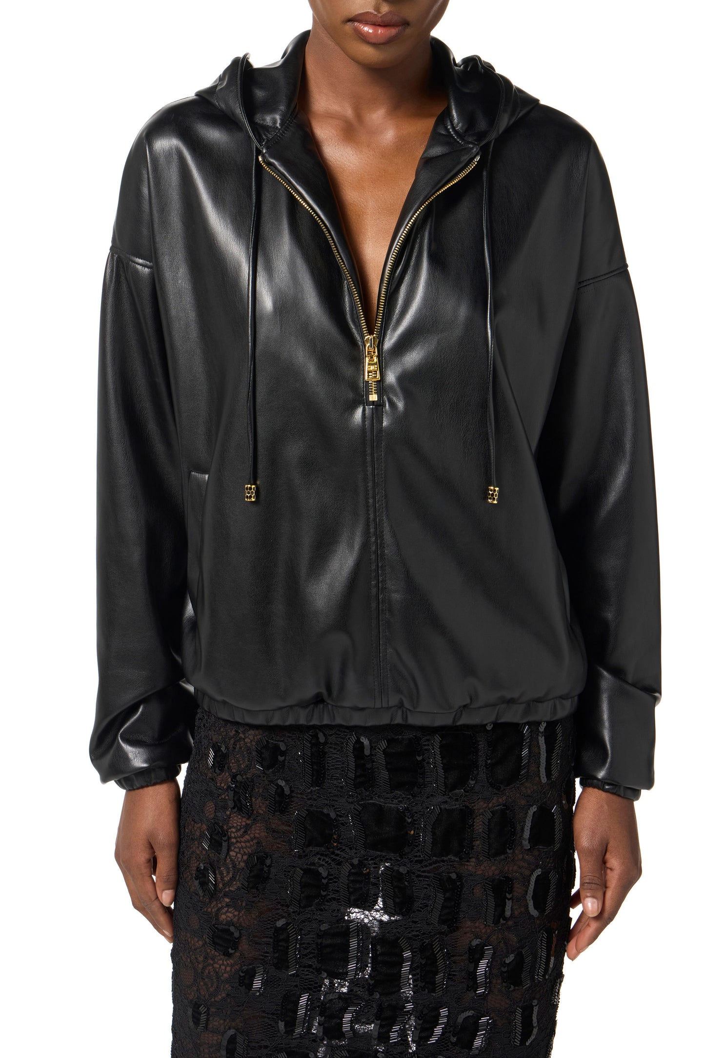 Sweatshirt with nappa leather texture and hood