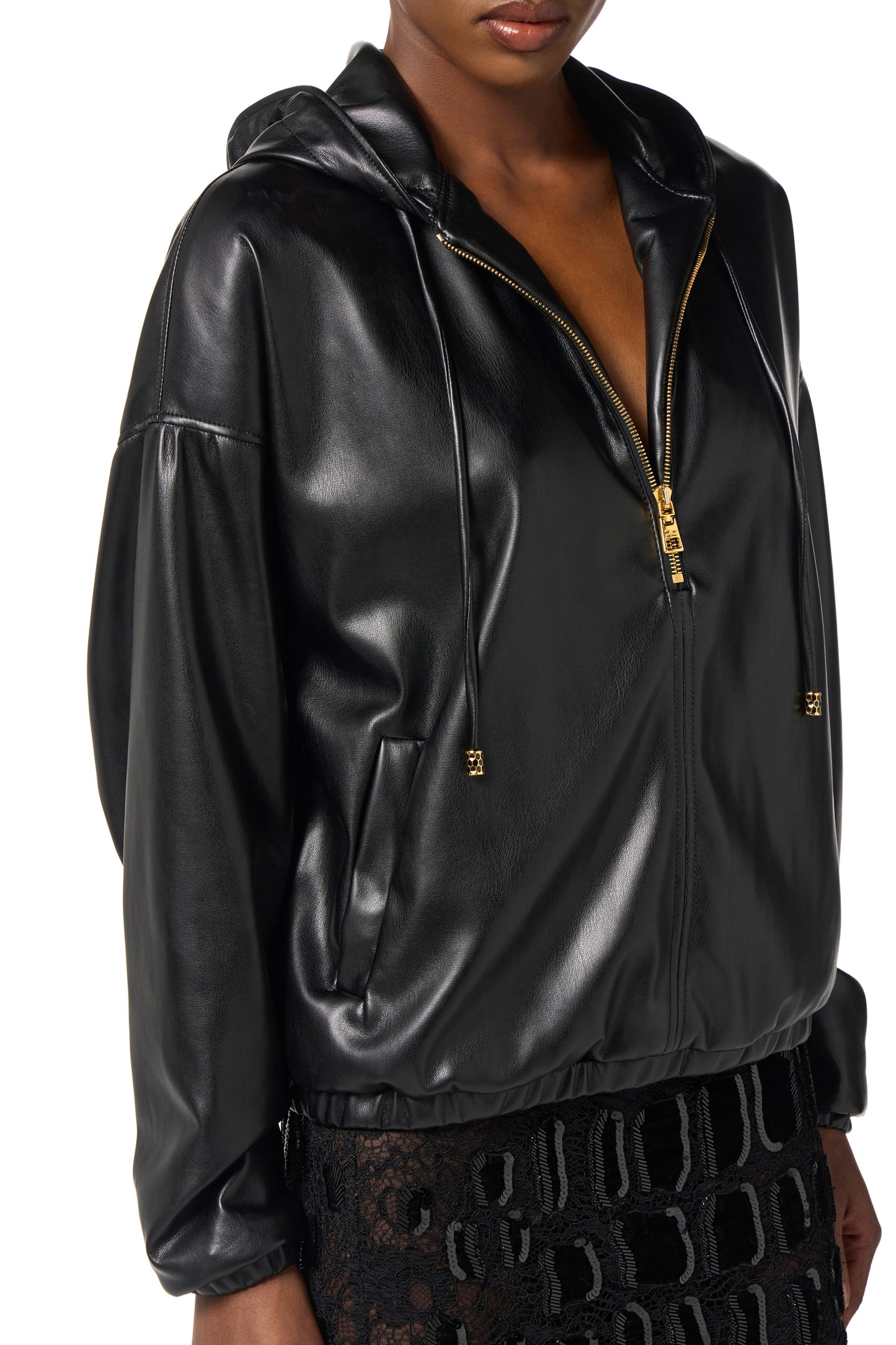 Sweatshirt with nappa leather texture and hood