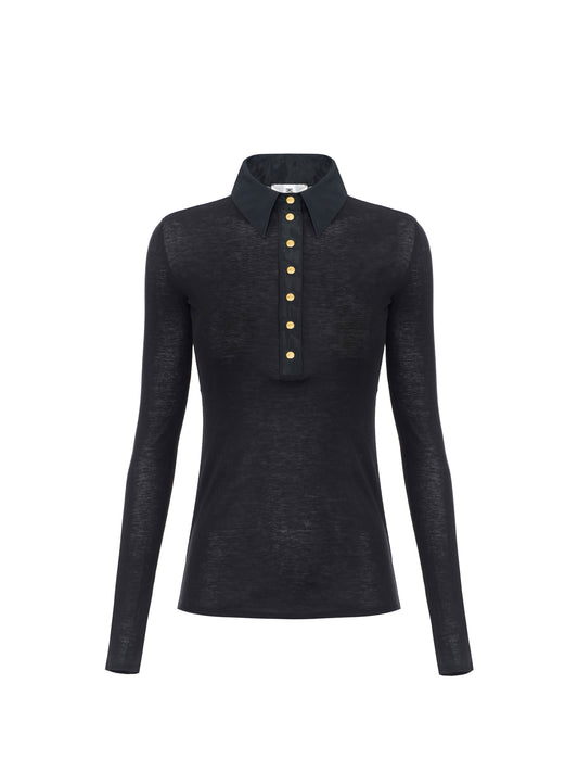 Knit and taffeta polo shirt in Nero – luxury fashion at Meranesy