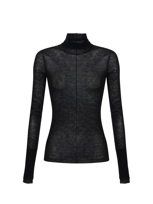 Wool jumper with ribbing in Nero – luxury fashion at Meranesy