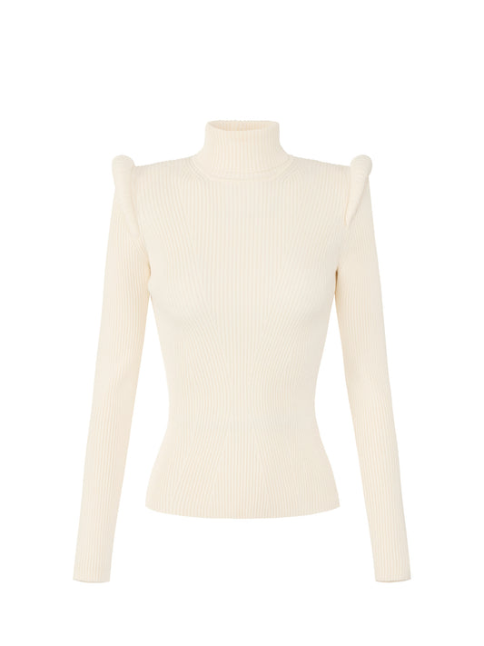 Knit turtleneck top with 3D details in Burro – luxury fashion at Meranesy