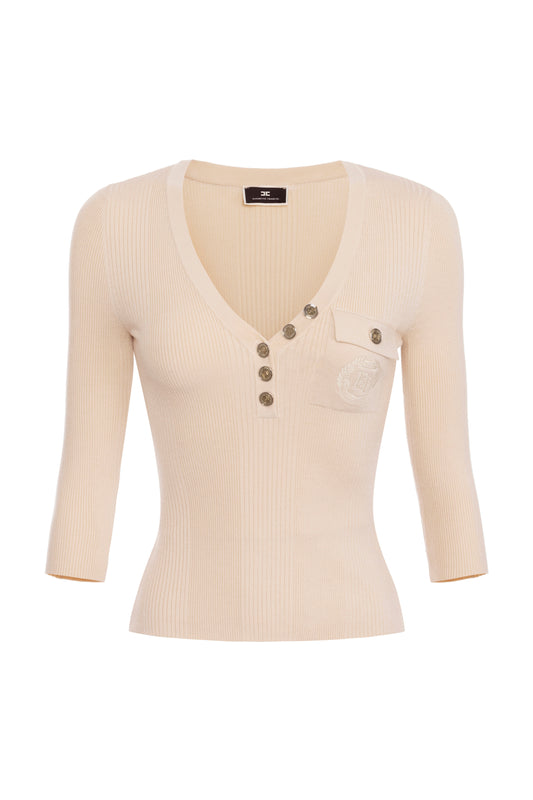 Top with V-neck in narrow-ribbed lyocell and silk fabric with logo embroidery