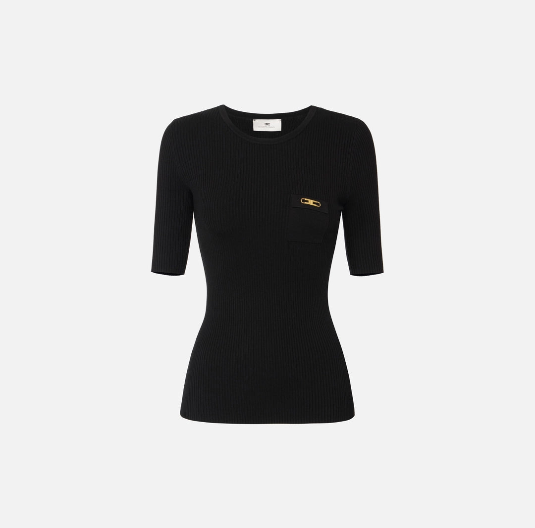 Ribbed knit top with breast pocket